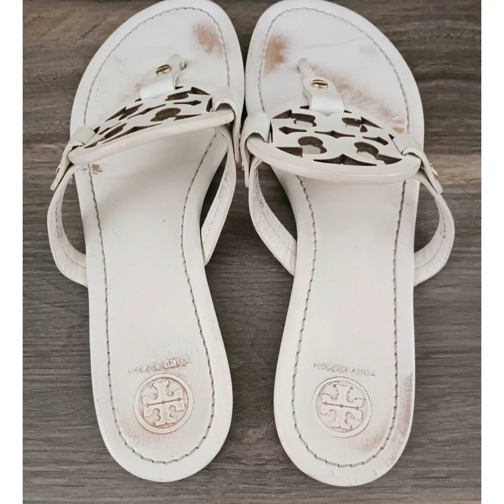 Tory Burch Miller Thong Sandal Ivory Smooth Leather w Dustbag Sz 9M